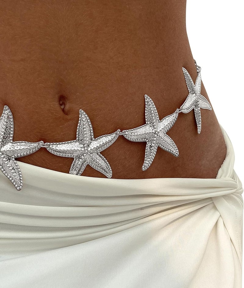 WFik Gold Big Starfish Waist Chain Belt Bikini Body Chains Jewelry Summer Beach Boho Silver Starfish Waist Belly Chain Adjustable Metal Link Belly Belt for Women - Image 2